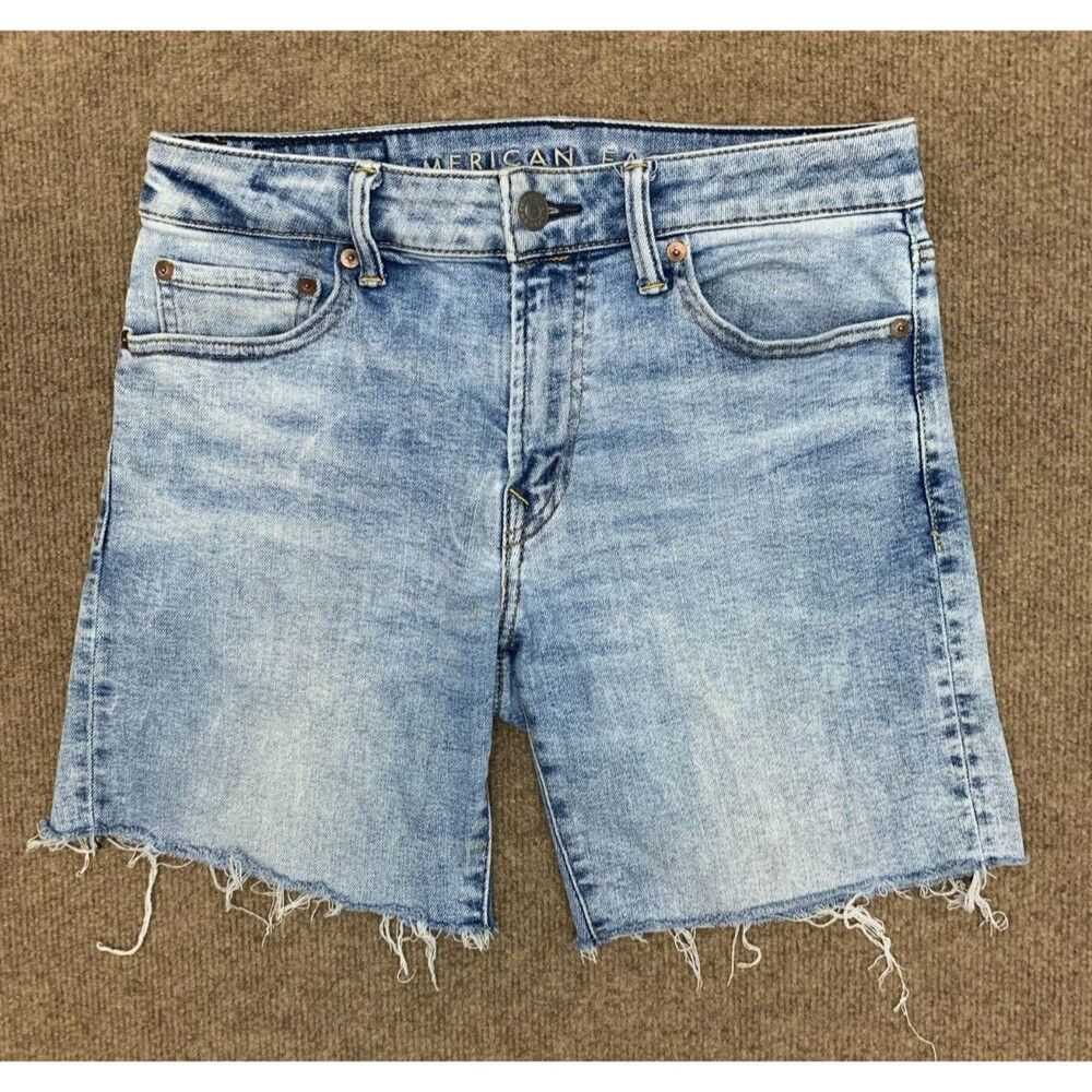 American Eagle Shorts Mens 29 Denim Cutoff Airflex+ Whiskered Bermuda Stretch